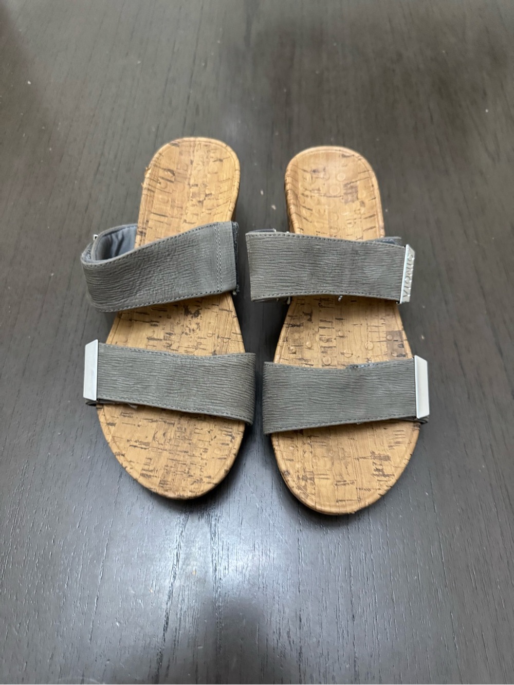 Vionic Gray Double-Strap Cork Footbed Slide Sandals size 8 w